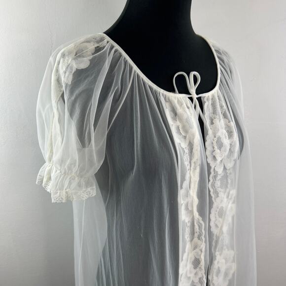 Vintage Movie Star White Sleep Robe Sheer Floral Lace Scoop Neck Tie Sz S Small - Picture 5 of 12